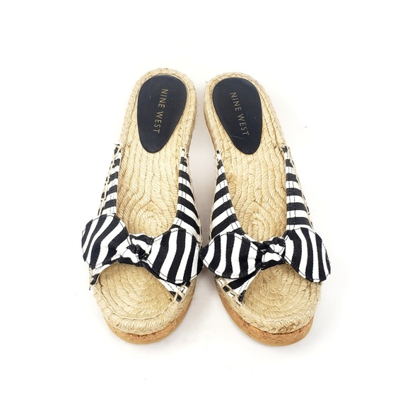 Nine West B/W Striped Wedge Cork Heel Sandals - Picture 4 of 7